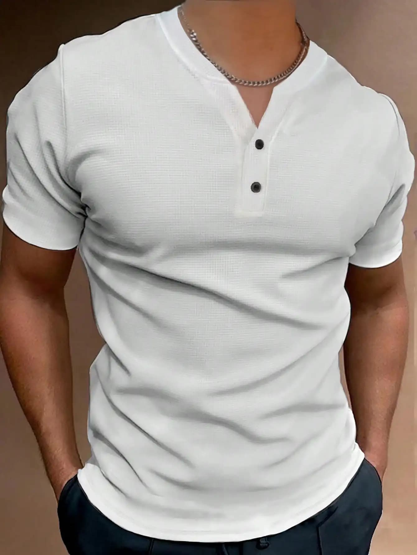 T-shirt Henley da uomo a maniche corte in maglia waffle, casual, estiva