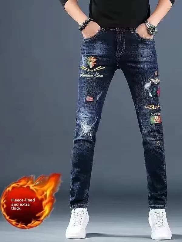 Jeans Invernali Imbottiti in Pile con Ricami e Stampe, Pantaloni alla Caviglia Slim Fit di Tendenza per Uomo, Nuova Moda