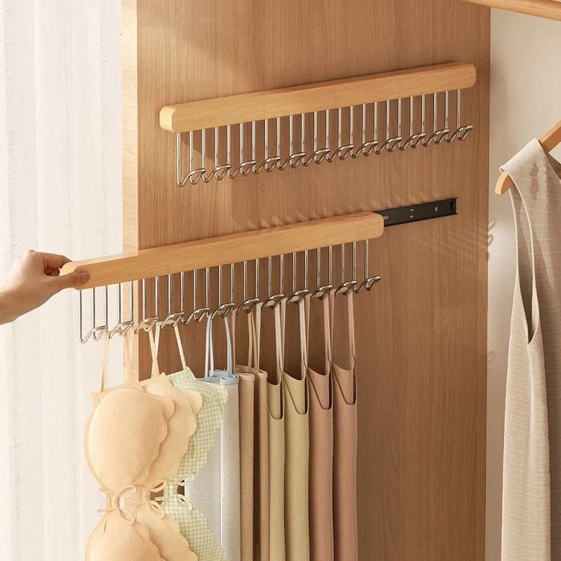 8/12 Hooks Retractable Wood Clothes Hanger Multifunctional Bra Storage Wall Mounted Wardrobe Hanger Clothes Organizer