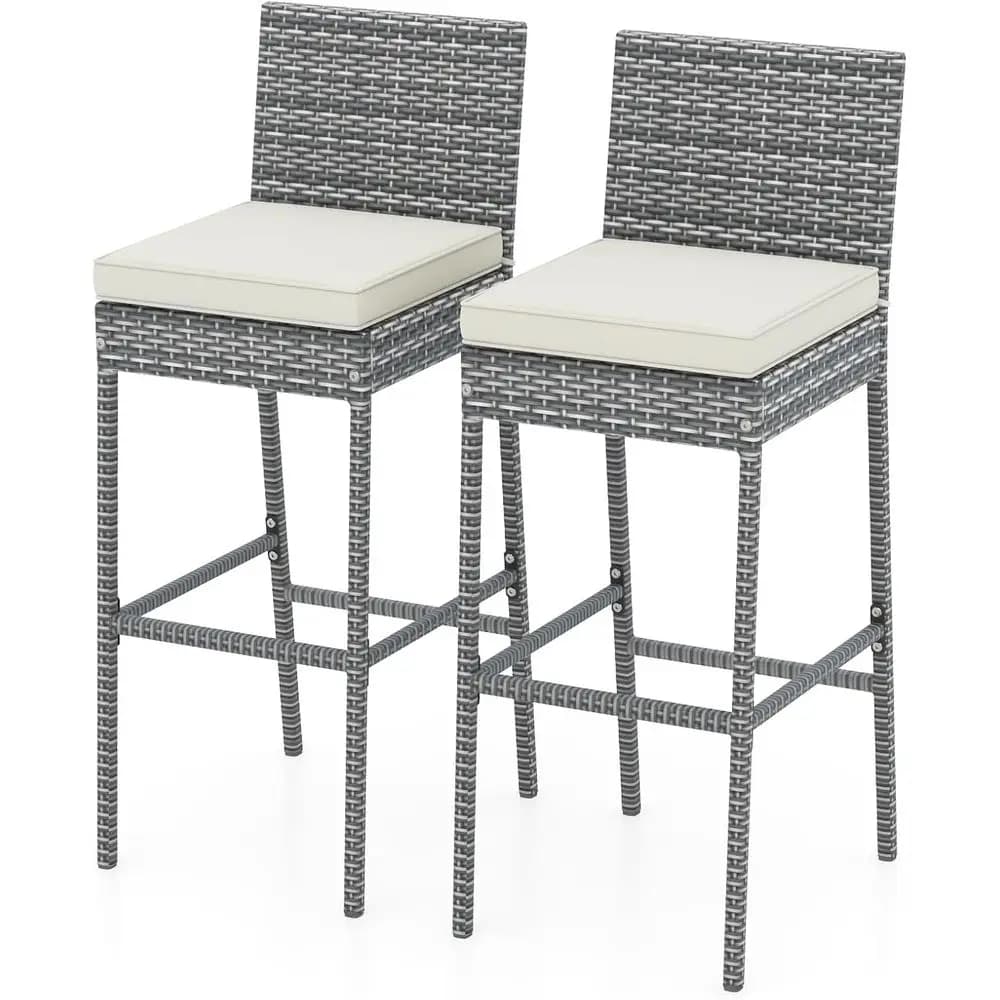 Set di 2 sgabelli da bar in vimini per esterni con cuscini, design con schienale alto, struttura in metallo, supporta fino a 400 libbre