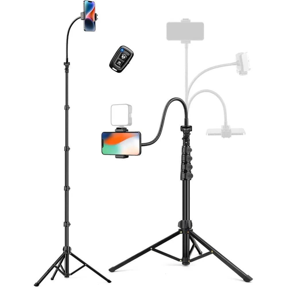 86" Portable Aluminum Tripod with Flexible Gooseneck, Remote for Cellphones, Perfect for Selfies, Video, Travel