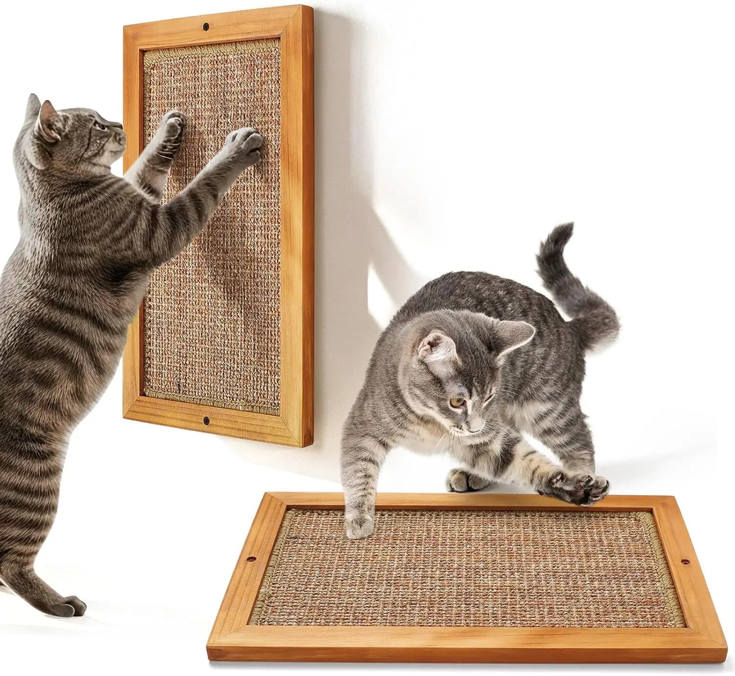 Grande Tiragraffi per Gatti in Legno e Sisal, Confezione da 2 Tiragraffi Verticali da Parete o da Terra per Gatti e Gattini da Interno