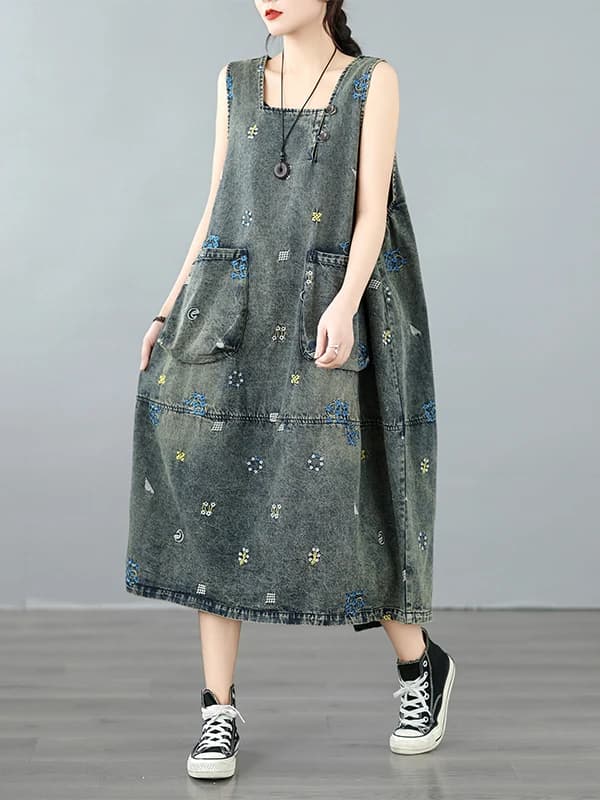 Retro Embroidered Denim Sleeveless Dress Women Summer Fashionable plus Size Conceals Flattering Lantern Skirt Trendy Casual H...