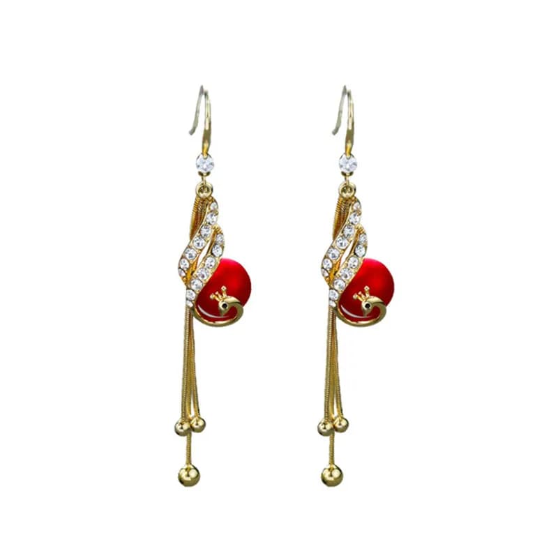 Tassel Pendant Earrings Red Simulated Pearl Peacock Earring Super Fairy Rhinestone Earrings Elegant Temperamental Jewelry Gifts