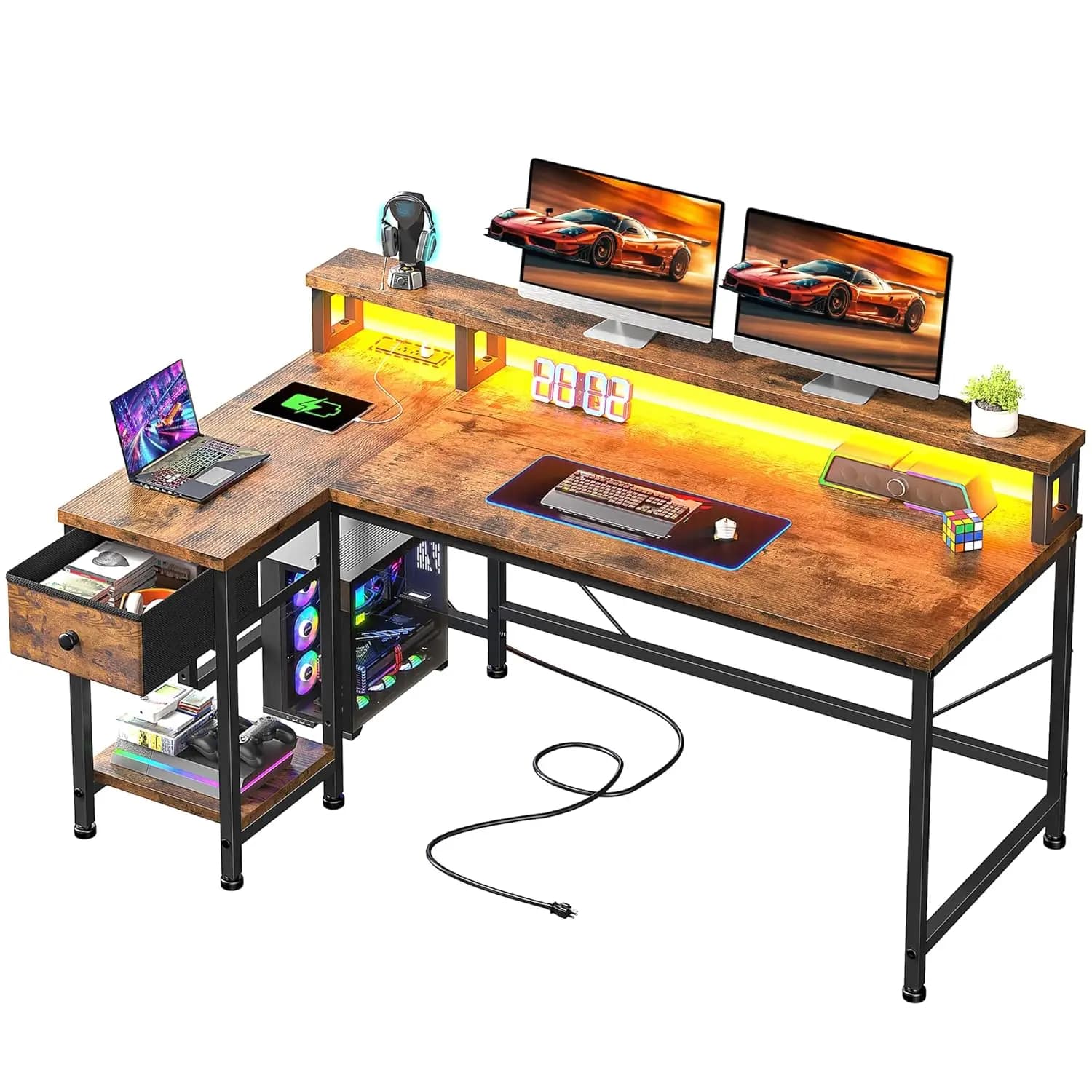 Desktop from Gaming 48 Inches with LED Lights, Computer Desk with Current and Cassette socket, L Desk with Monitor Support, Customizable