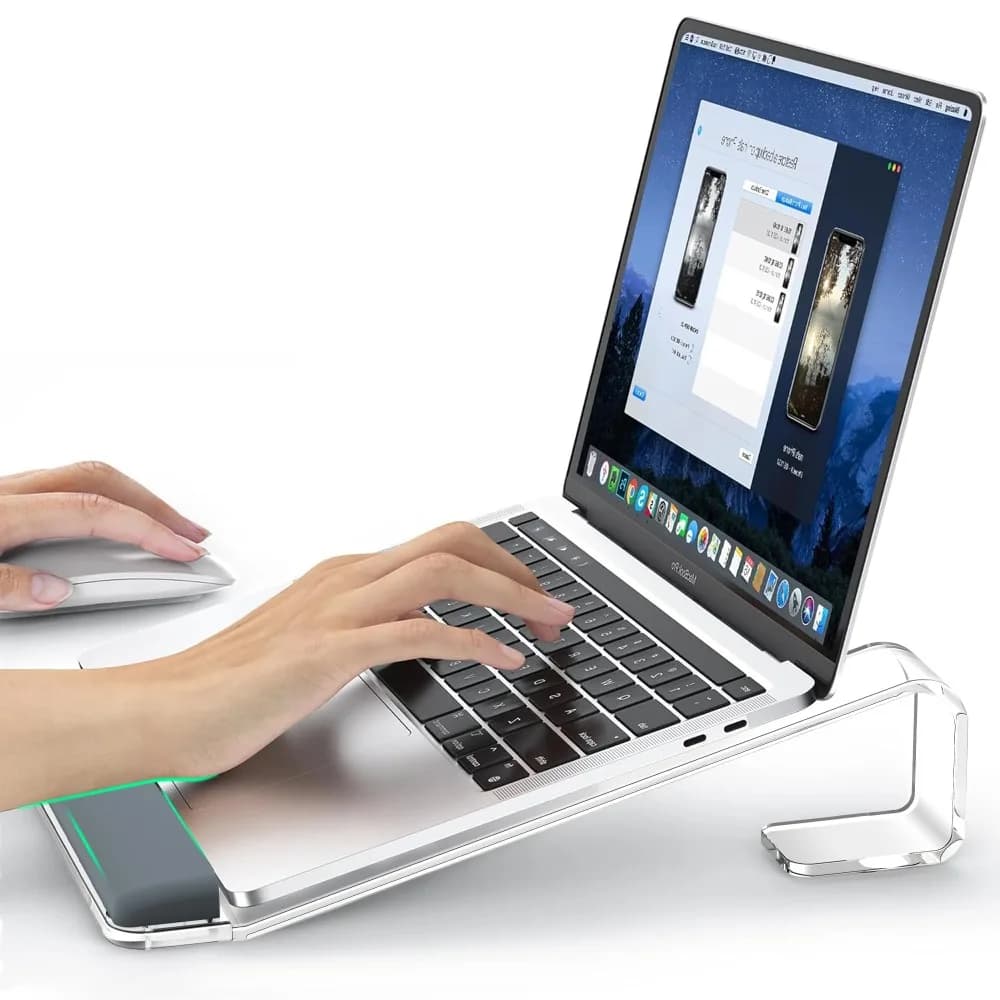 Nuovo supporto per laptop in acrilico con supporto per il polso, supporto trasparente per raffreddamento del laptop, supporto per tablet rimovibile antiscivolo per digitare/leggere