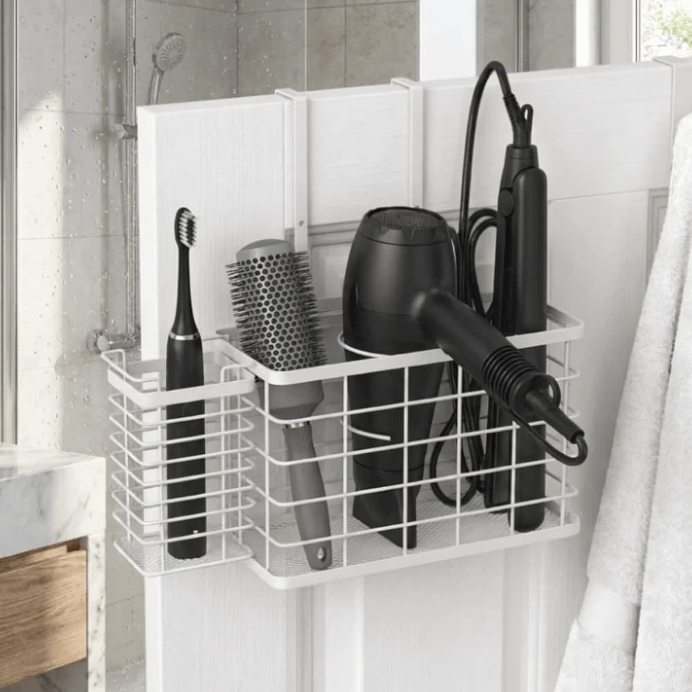 Adjustable Door Rear Storage Rack Metal Cabinet Door Hanging Hair Tool Organizer Multi-functional Space-Saving Hair Dryer Holder
