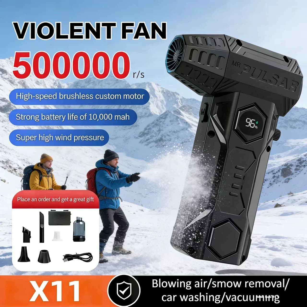 Powerful fan-dryer, X11 500000 rpm, displays battery level, snow and dust vacuum cleaner, jet vacuumer for car, extended use.