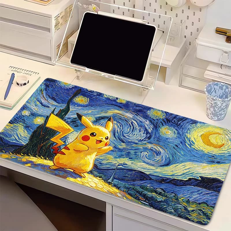 Tappetino per mouse da gioco esteso, tappetino da scrivania per PC, tappetino per tastiera, accessori da gioco Pokemon, tappetino per mouse con pittura a olio Notte Stellata Pikachu