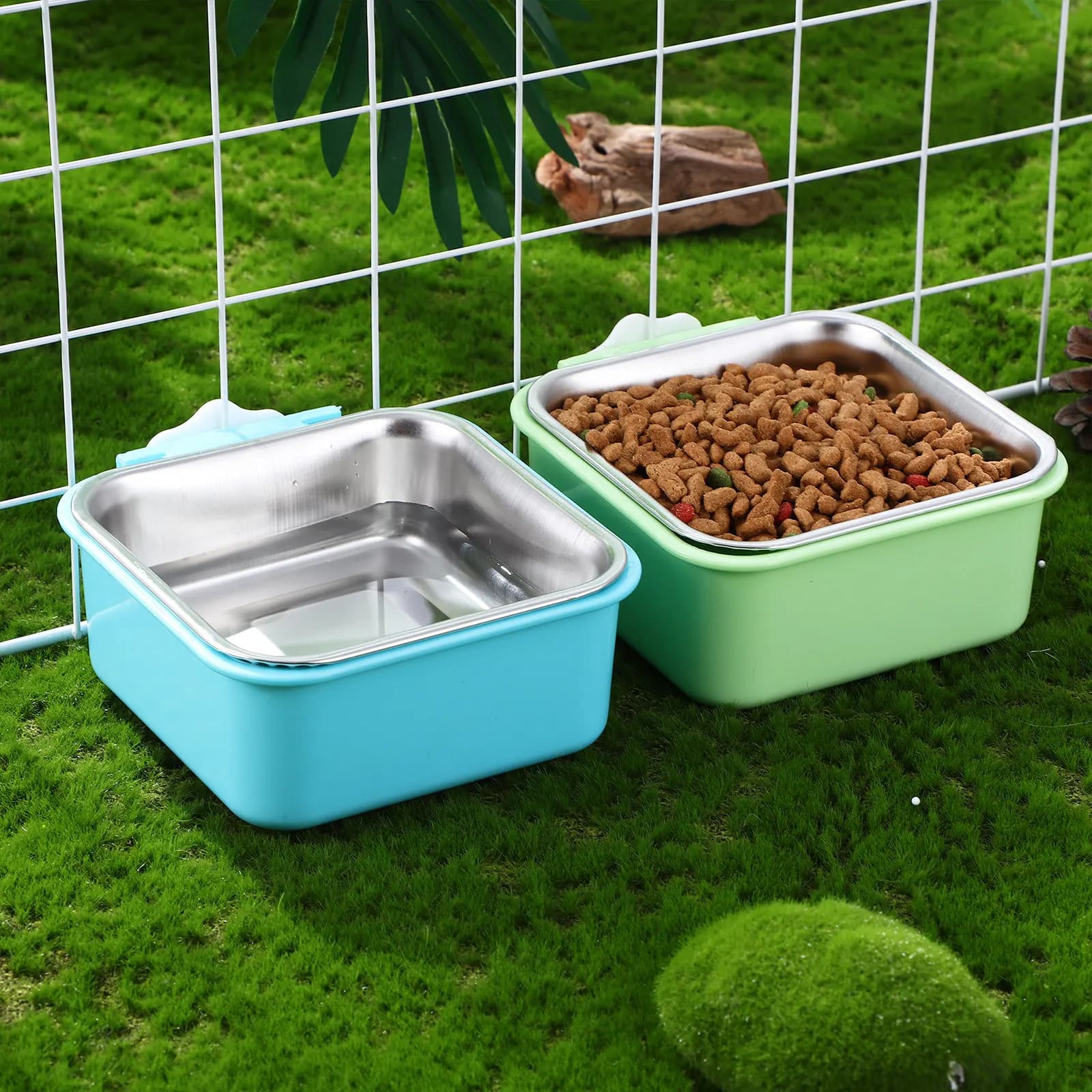 2 Pezzi Ciotole Sospese in Acciaio Inossidabile per Cani e Gatti, per Gabbia, Rialzate, per Cibo e Acqua, Doppio Strato, Facile Installazione, Salvaspazio