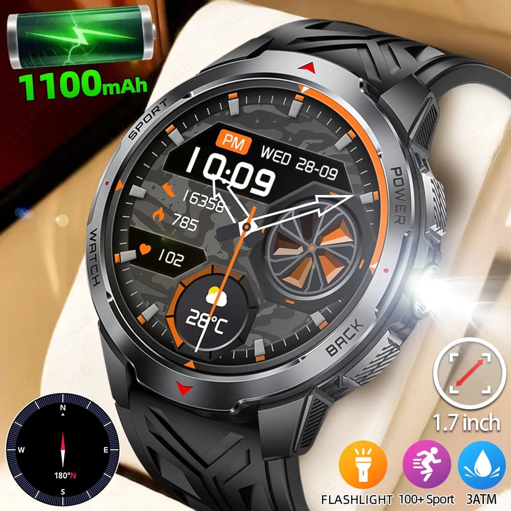 Militare 1100mAh Batteria di grandi dimensioni Smart Watch Schermo intero Touch Bluetooth Smartwatch Uomo Sonno Cardiofrequenzimetro Bussola Orologi