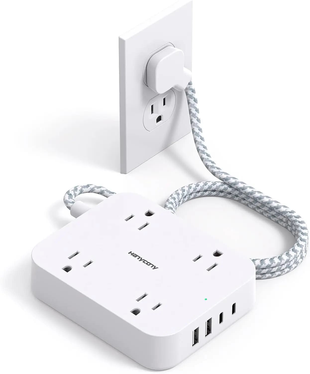 Cavo di prolunga piatto da 1,5 m con 4 porte USB (2 USB-C), 4 prese, montaggio a parete, multipresa da viaggio, certificato ETL