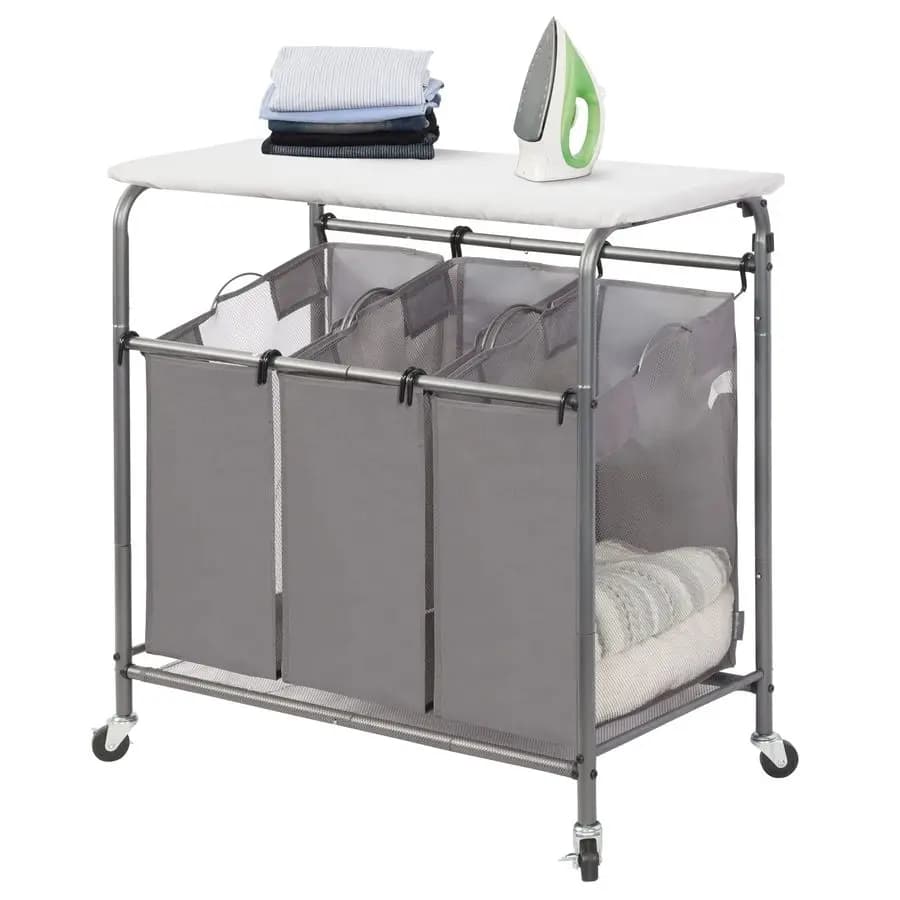 Trolley 3 compartments with Foldable Skeleton Axle, Trolley Portabiancheria Resistant with Wheels and Removable Bags, Basket Portabiancheria Triplo