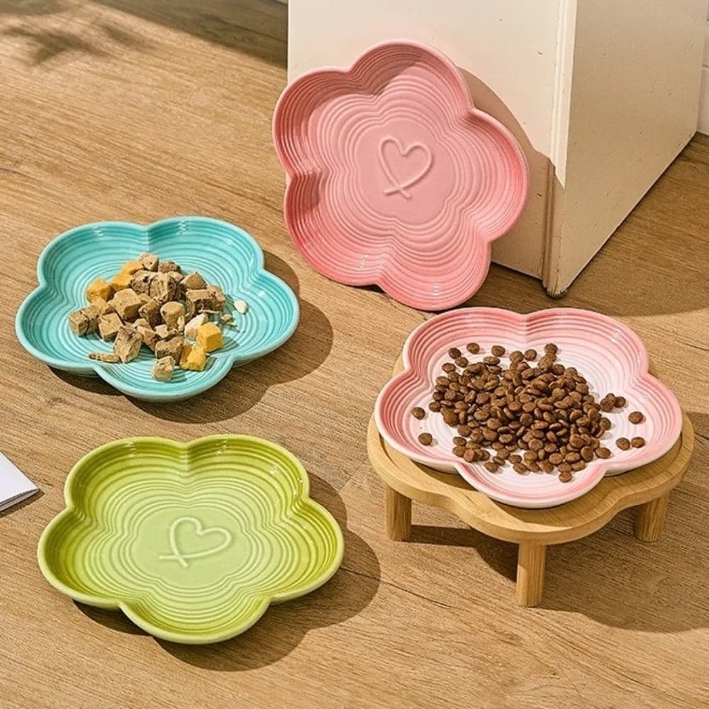 Large Capacity Ceramic Elevated Cat Bowl Cervical Spine Protection Anti Tipping Pet Food Bowl with Wood Stand Anti-slip