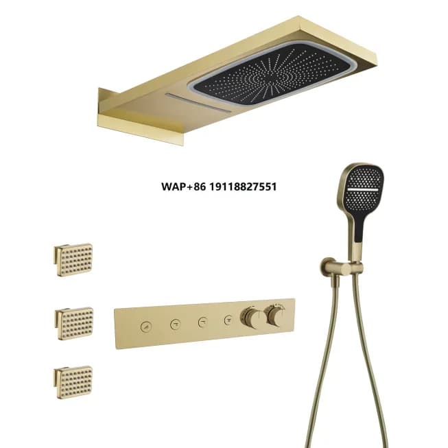 Set Shower Enclosure in 4 Functions with Thermostat, Button and LED, Waterfall Square Soffion and Rain
