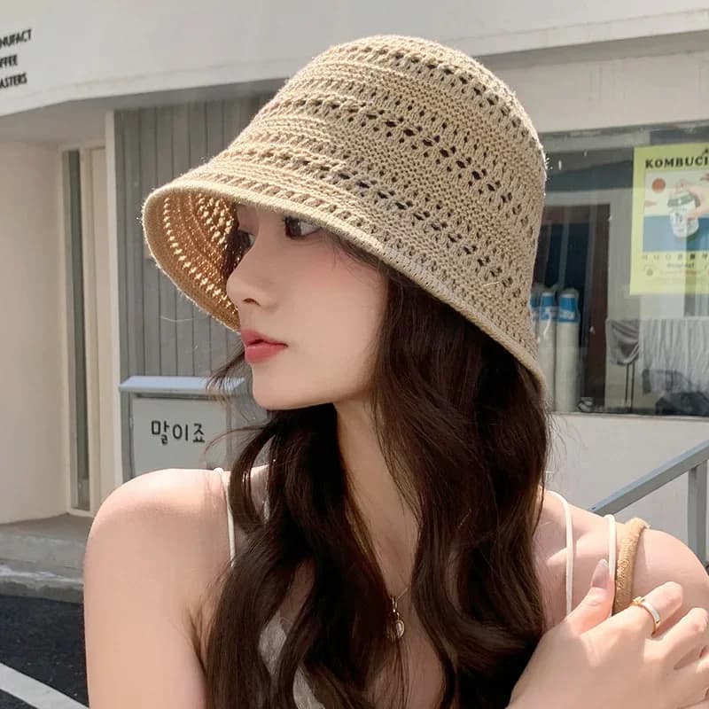 Cappello da pescatore estivo lavorato a maglia, alla moda, versatile, traspirante, pieghevole, cappello a secchiello per viaggi all'aperto, protezione solare