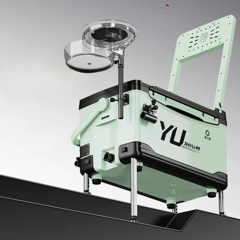 Up-to-date fishing equipment storage system, light seat cooler with accessories, multifunctional carp bait station