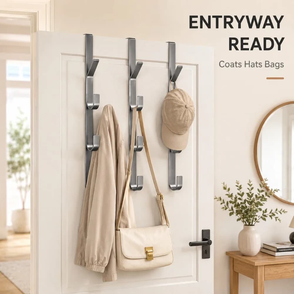 Entryway Door Back Hook Organizer 3 5 or 7 Hooks No Drill Hanger for Clothes Hats Bags Bedroom Dormitory and Home Storage