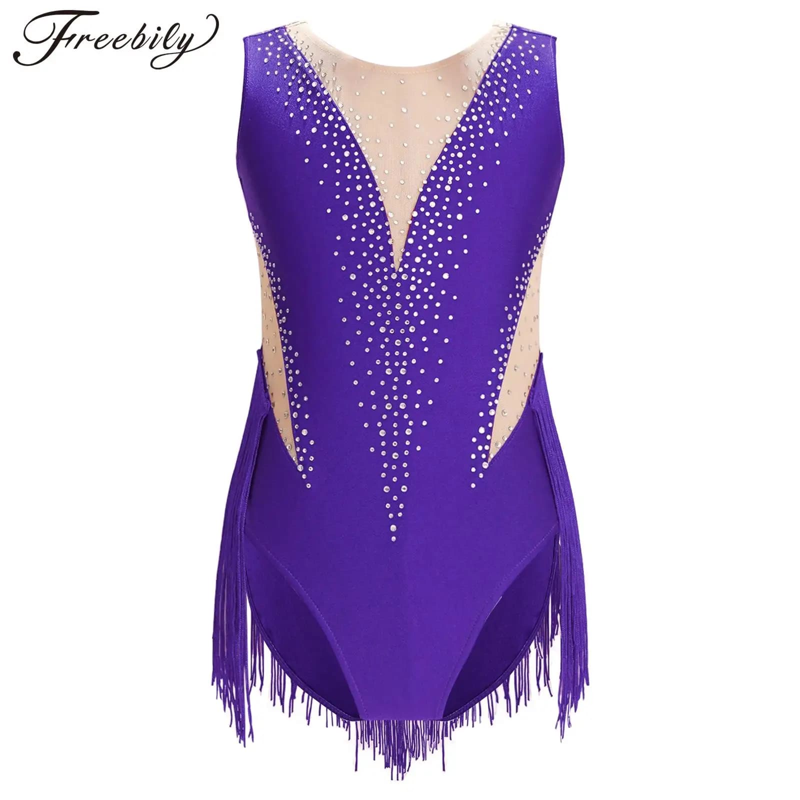 Body per danza classica per ragazze per bambini Latin Cha-Cha Pattinaggio di figura Ginnastica Performance Costume Body con nappa con strass lucidi