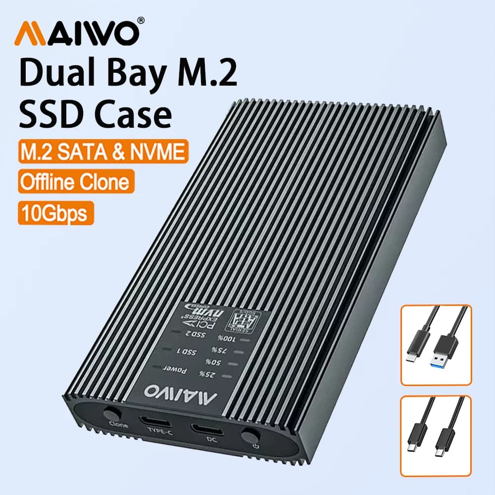 MAIWO Case SSD M2 10Gbps a Doppio Slot, Enclosure Esterno M.2 NVMe SATA SSD Type-C Gen2, Adattatore SSD NGFF NVMe con Supporto per Clonazione Offline