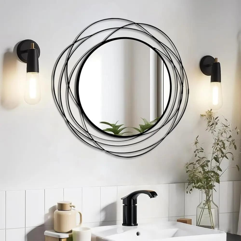 Specchio da Parete Rotondo - Grande Specchio Circolare Nero da 68 cm con Decorazioni Artistiche, Specchio Resistente in Metallo da Appendere o per Bagno