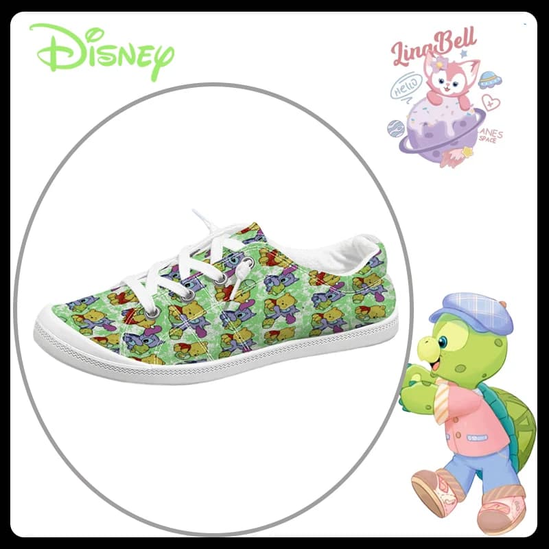 Low canvas shoes with Disney print Winnie the Pooh Stitch for women, casual and breathable green sneakers