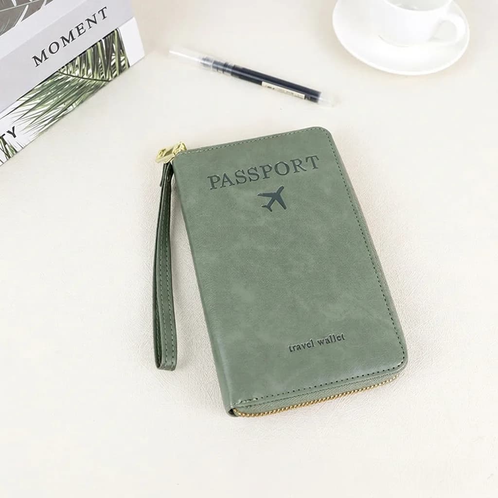 Organizzatore di Documenti con Protezione RFID in Materiale PU, Portafoglio da Viaggio in Pelle PU con Cinturino da Polso, Porta Passaporto Portatile