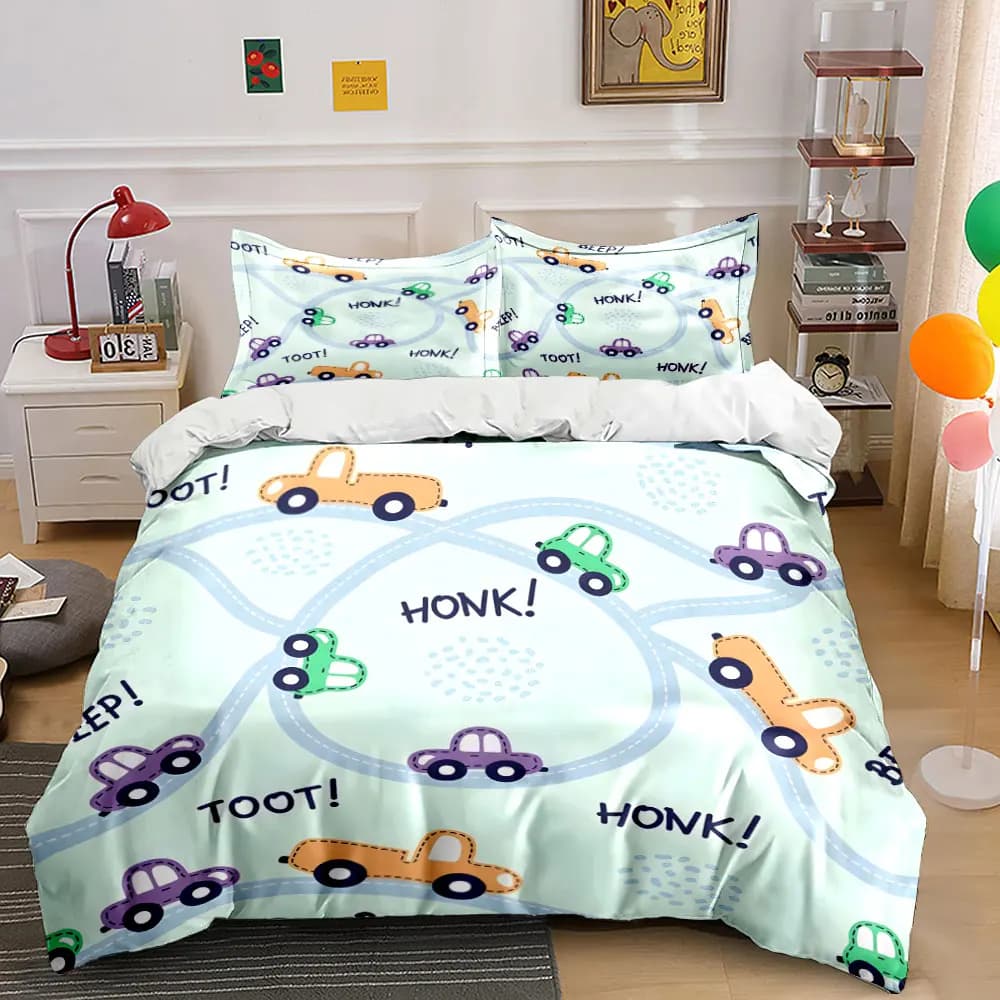 Cute Cartoon Colorful Truck Car Bedding Set,Kids Road Track Honk Print Duvet Cover Set,Soft Microfiber 3pc For Toddler Boys room