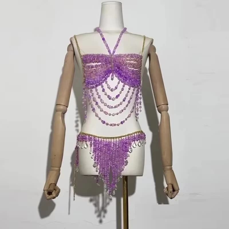 2025 Nuovo viola in rilievo Spice Girl Catena per il corpo Appeso al collo Top esterni Halter Donna Beach Set corsetto con pietre preziose