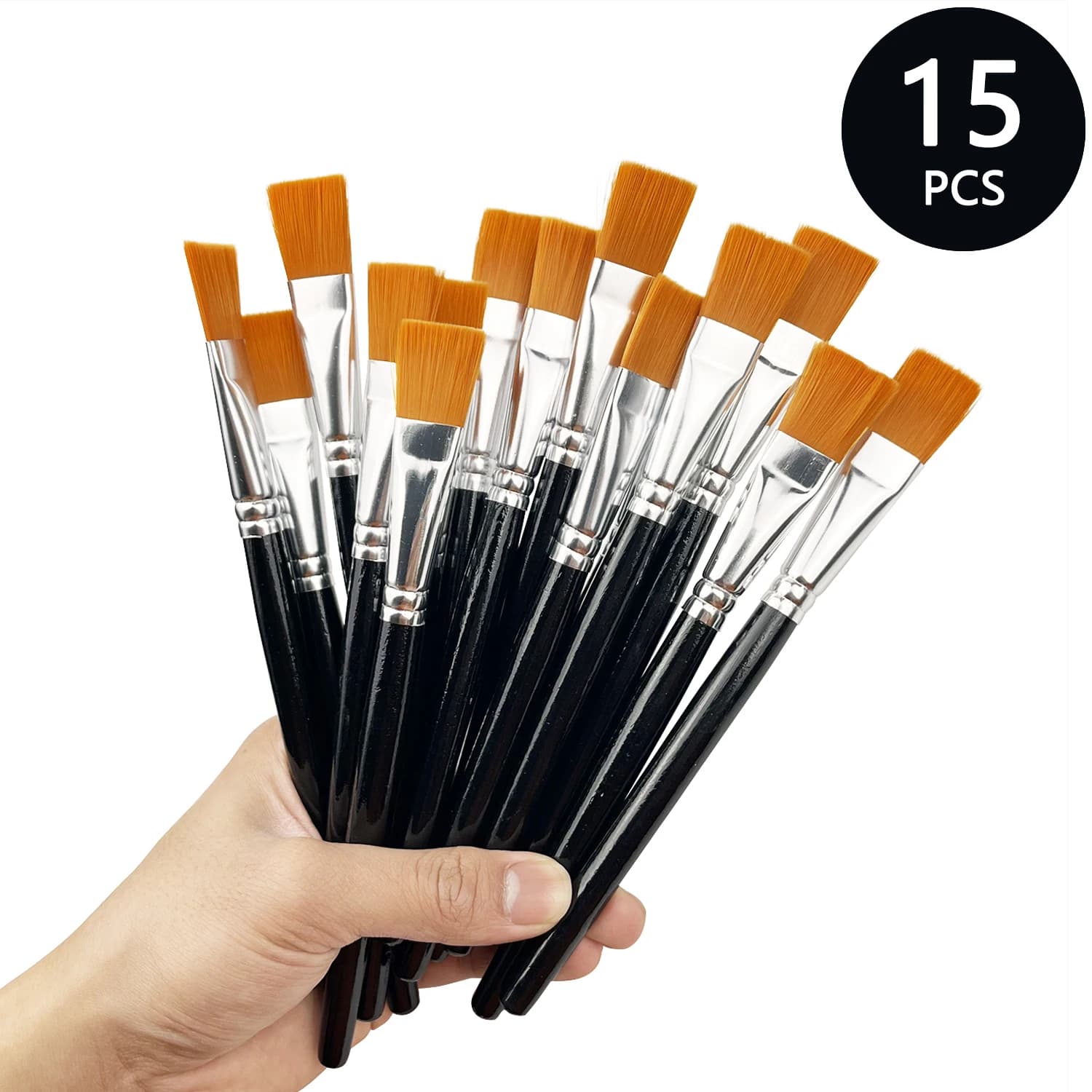 15Pieces Flat Paint Brushes, Watercolor & Acrylic, Synthetic Nylon, Ideal for Painting, Oil, Fine Crafts, Face, Body