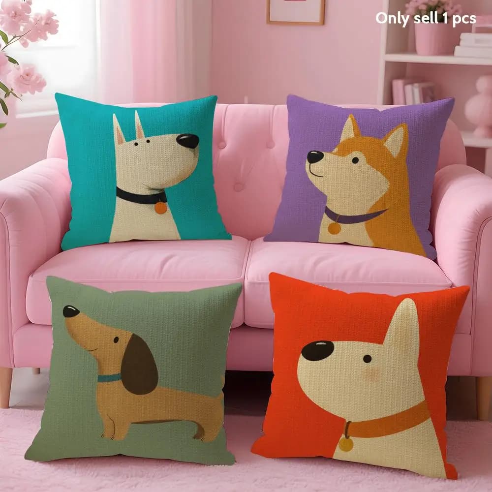 Cute Puppy Pattern Cushion Cover Natural Linen Organic Fabric Double-Sided Printing Sofa Home Decor Gift Pillow Case