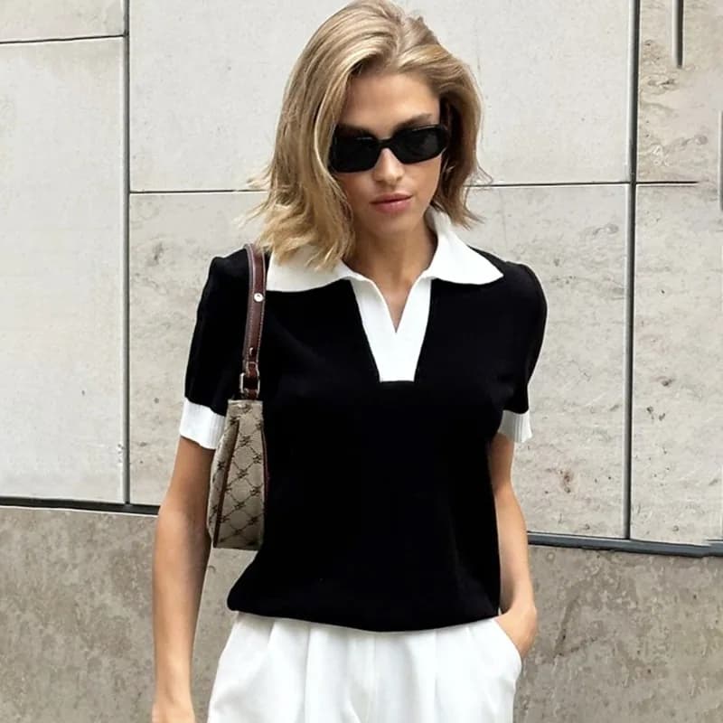 T-shirt estiva da donna Talenza, maglione in maglia a costine con colletto a contrasto e patchwork, nuovo top casual in maglia per il tempo libero e lo streetwear
