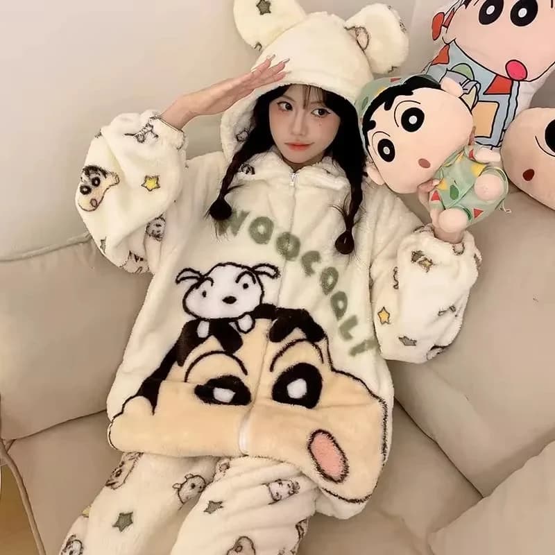 Autumn Winter Crayon Shin-Chan Women's Pajamas New Comfortable Flannel Pajamas Thickened Warm Cartoon Cute Dormitory Homewear