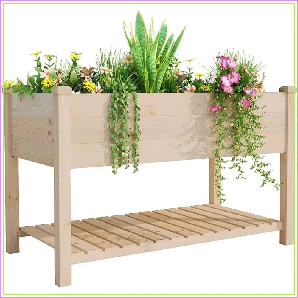 Raised Wood Garden Bed, 48"L Elevated Planter Box with Storage Shelf for Vegetable Flower Patio