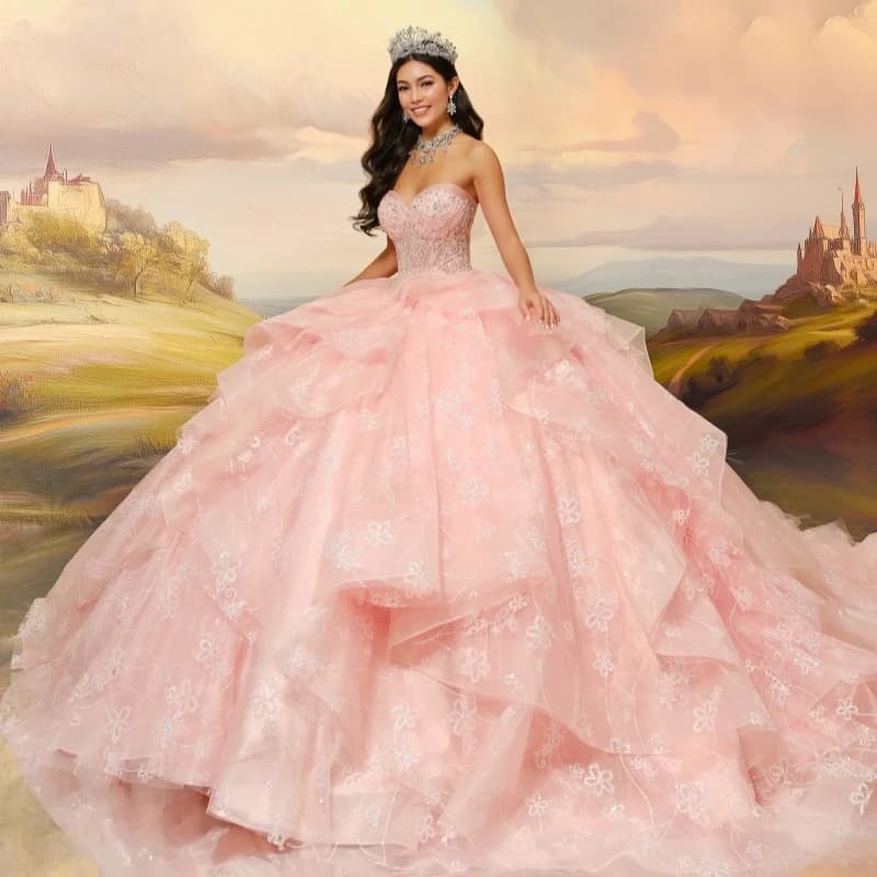 Abito da ballo rosa lucido con spalle scoperte Abiti Quinceanera Applicazioni di paillettes Perline Tull a strati Abito dolce 16 Abiti 15 Anos