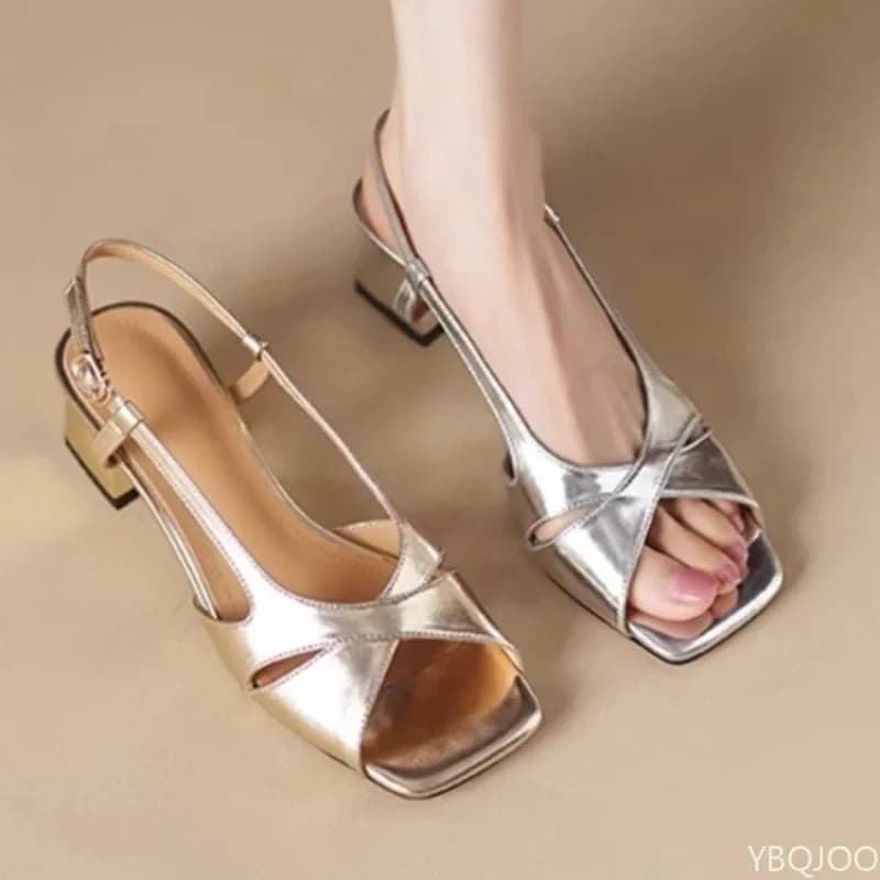 Fashion Open-toed Thick-heeled Sandals Women's Summer New Rear Strap Square Head Gold and Silver Versatile Rear Empty High Heels