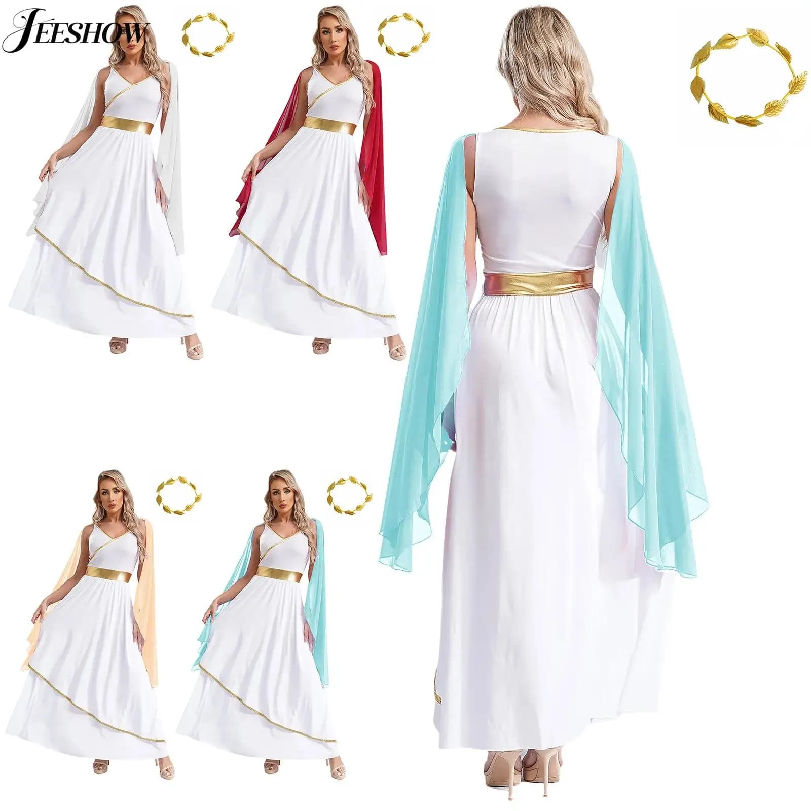Womens Ancient Greek Costume 2 Piece Roman Queen Princess Cosplay Outfits V Neck Chiffon Cape Toga Dress with Leaf Garland Head