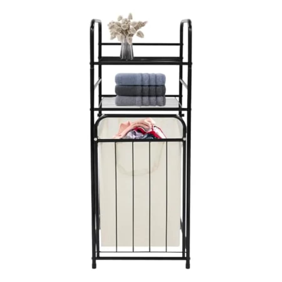 Cesto portabiancheria ribaltabile, cesto portabiancheria multiuso con ripiano a 2 livelli e borsa rimovibile, scaffale in metallo per vestiti sporchi