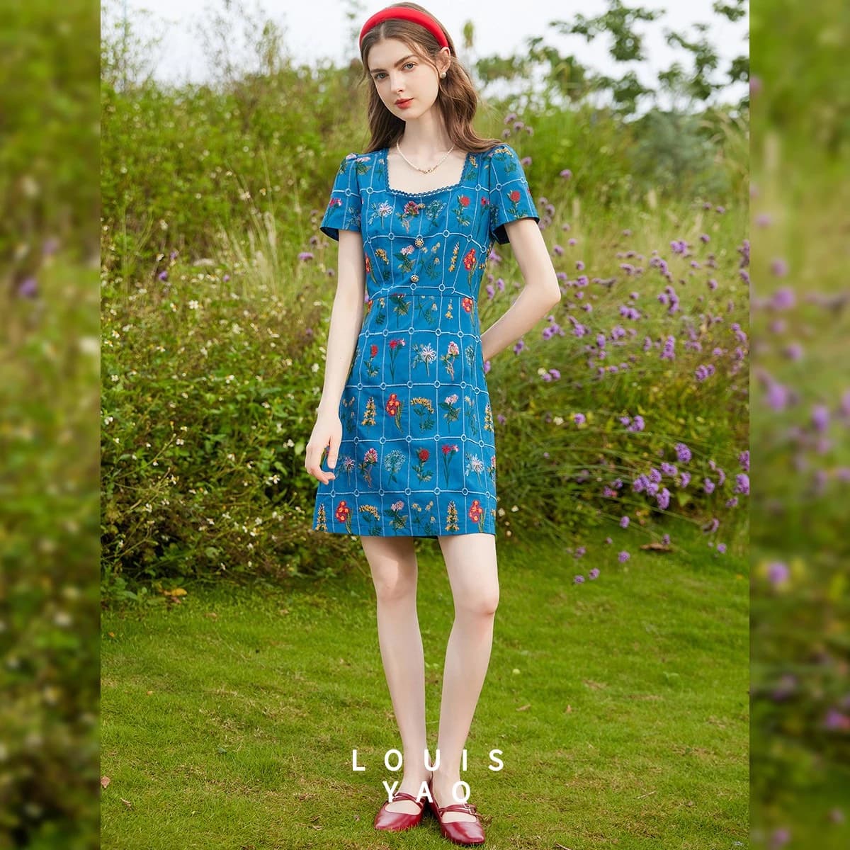 LOUISYAO 2026 Summer Retro Gentle Square Neck Dress Shoulder Contrast Embroidery Slim Women Dress