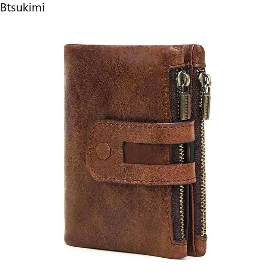 Retro Wallet for Men RFID Genuine Leather Double Zipper Card Holder Coin Purses Short Bifold Men Women Business Casual Carteira