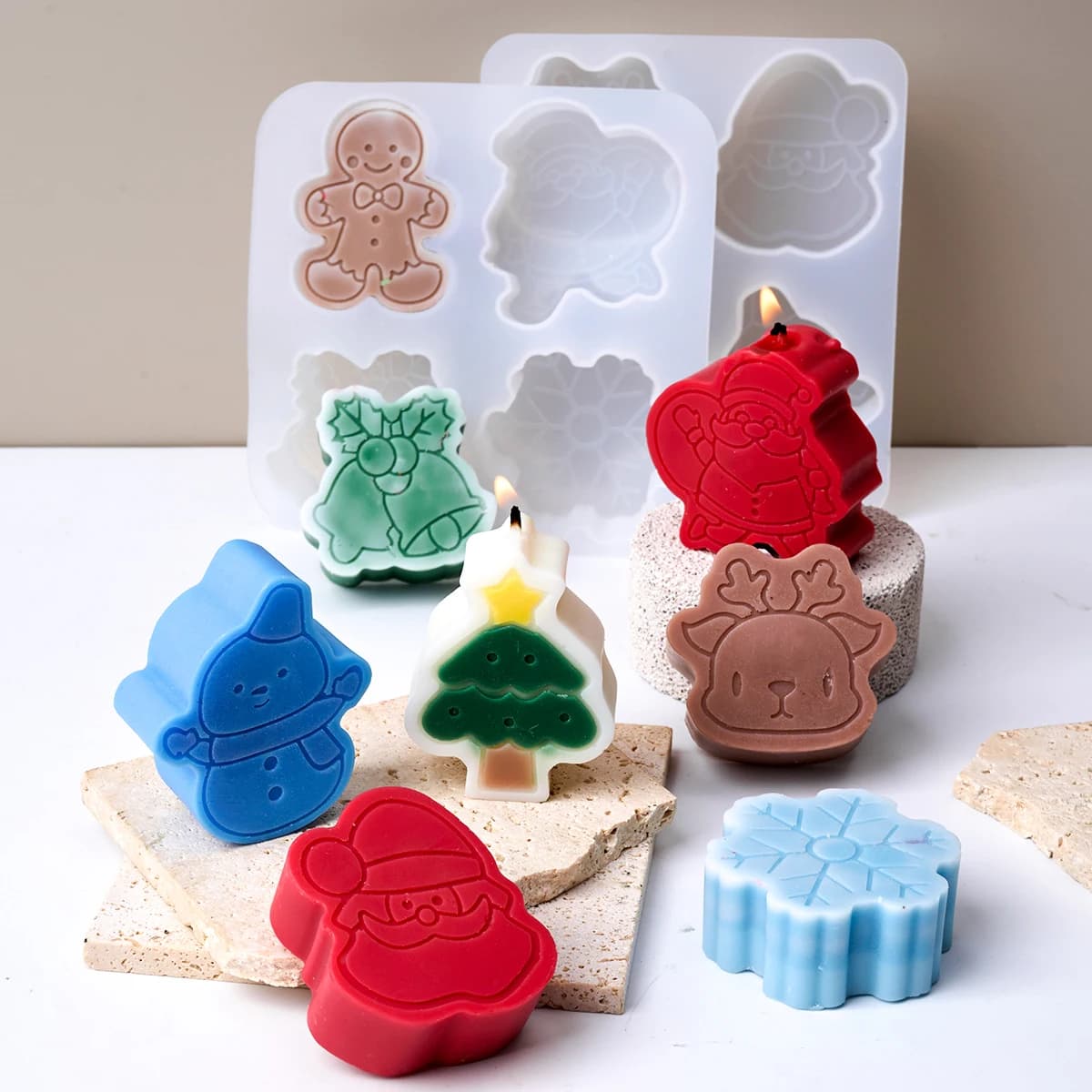 4 holes christmas candle mold in Silicone 3D christmas tree babbo christmas elk snowflake bell snowman crafted Christmas mold Home Deco