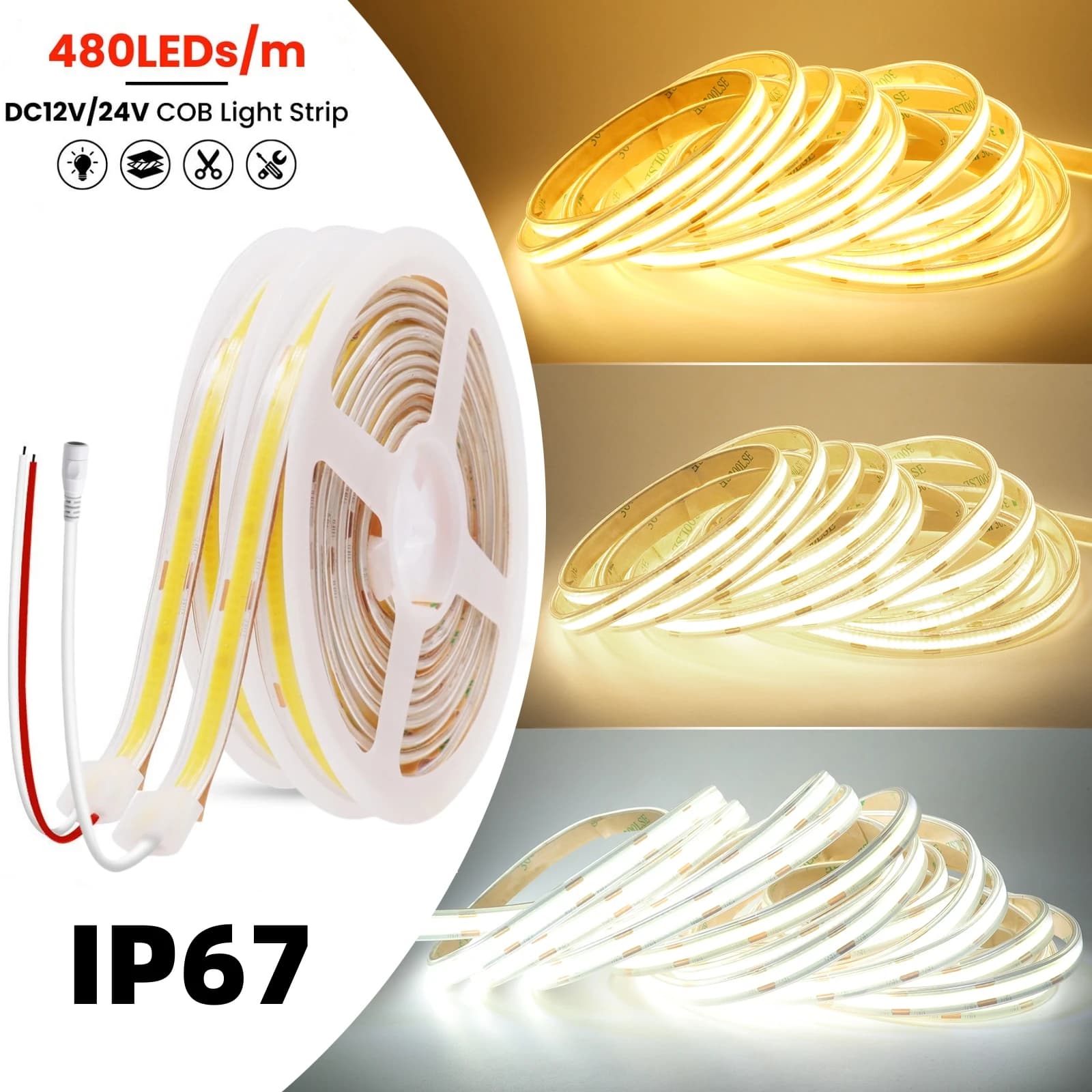 IP67 COB LED Strip Light DC 12V 24V Nastro impermeabile 480LED/m Piscina Camera flessibile Nastro ad alta densità 3000K 4000K 6500K