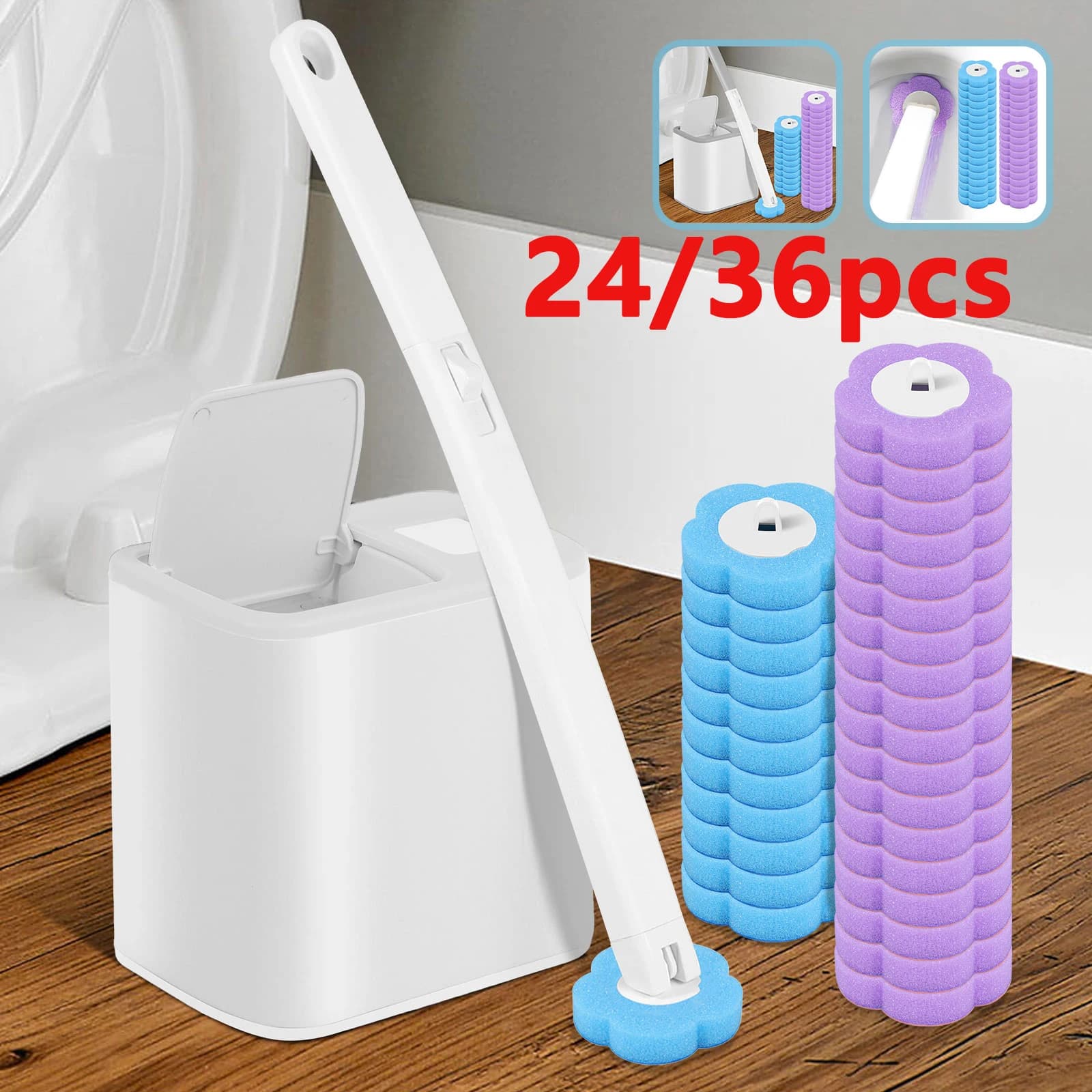Kit di Pulizia WC con 24/36 Spazzole Monouso, Manico Lungo, Montaggio a Parete, Accessori per la Pulizia del Bagno