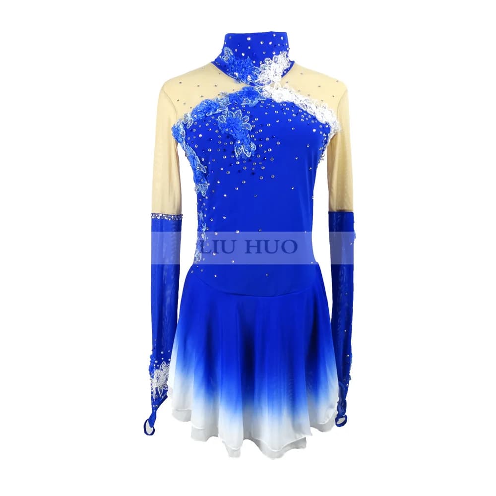 LIUHUO Abito da Pattinaggio di Figura sul Ghiaccio Donna Ragazza Concorso Manica Lunga Blu Colletto in Piedi Fiori Balletto Roller Costume Body