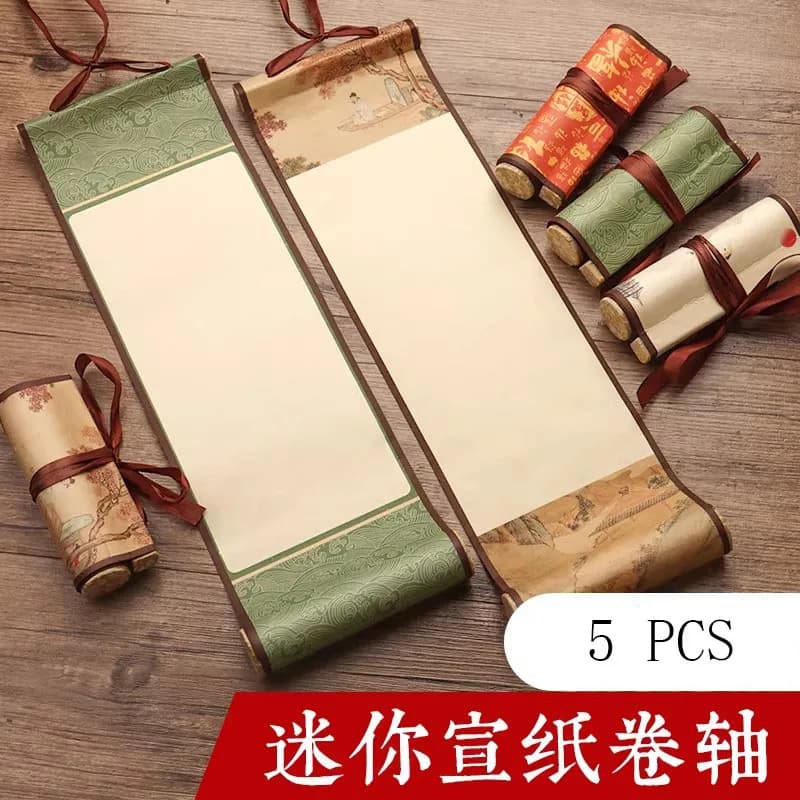 5 Pack Mini Blank Scrolls 36x11cm, Raw & Processed Xuan Paper Set for Chinese Calligraphy & Painting Practice, Artwork Gift