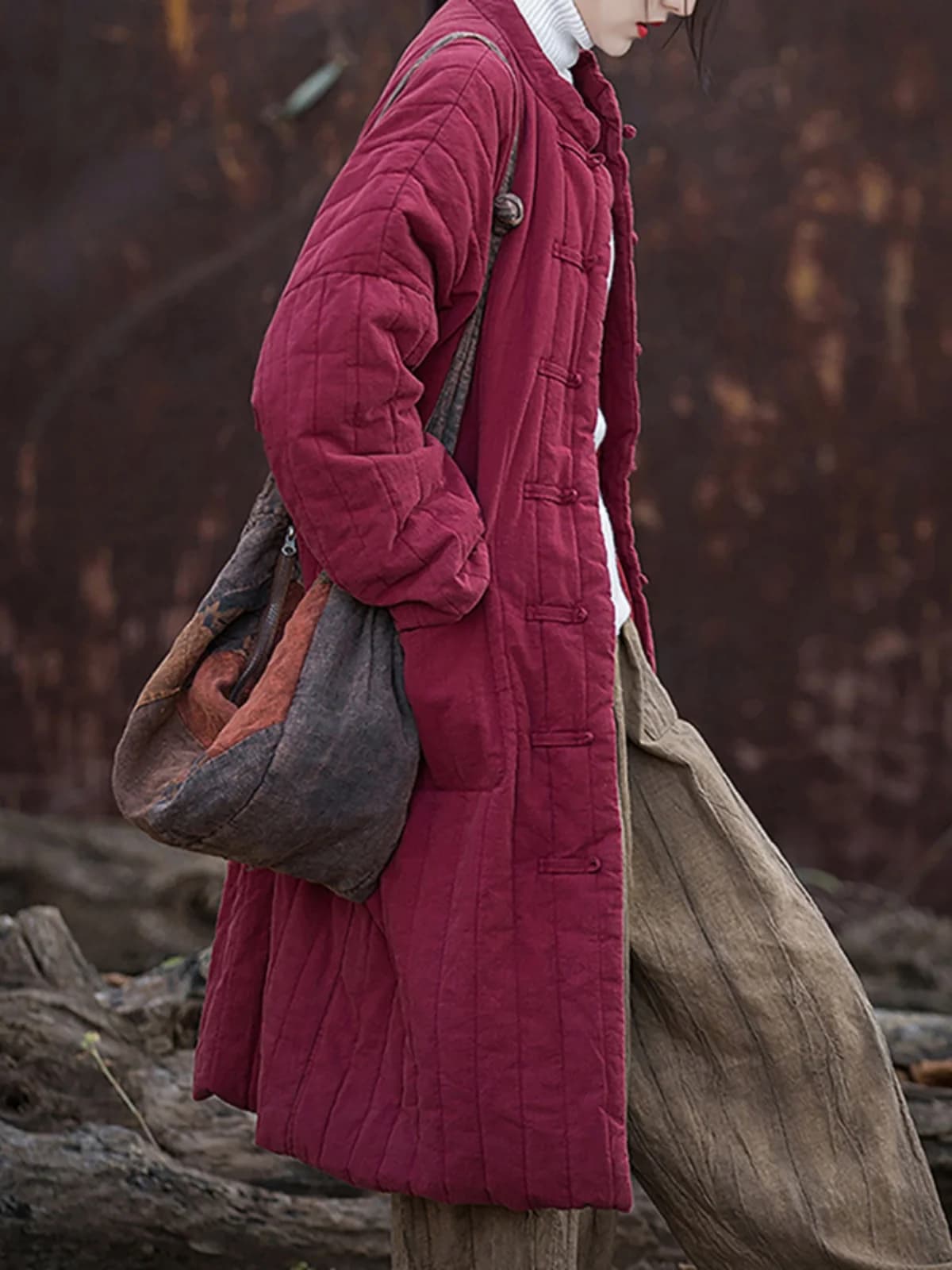 Giacca Casual da Donna in Cotone di Media Lunghezza, Imbottita e Calda, Stile Cinese con Bottoni, Cappotto Invernale con Collo Alto