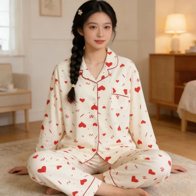 Set Pigiama con Stampa Cuori per Donne, Maniche Lunghe, Collezione Primaverile, Stile Casual Ispirato a Instagram, Cardigan con Colletto, Abbigliamento da Casa