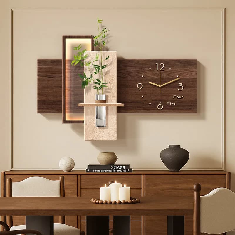 Medieval Style Entryway Decorative Painting Wall Clock With Hydroponic Greenery Hanging Art Wall Watch With Clock And Wall Lamp