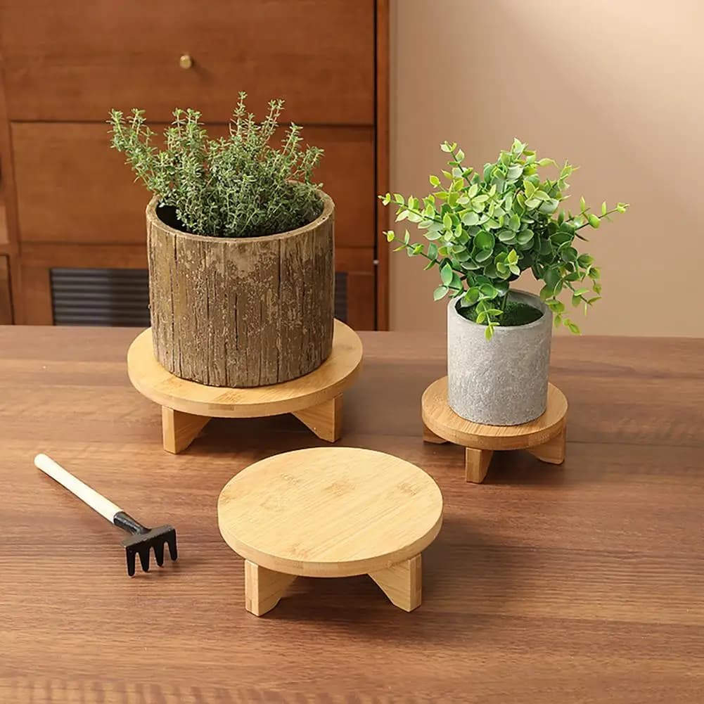 Minimalist Plant Stand Bamboo Plant Stand Stool Set for Indoor Outdoor Display Round Tabletop Holder for Potted Plants Flowers