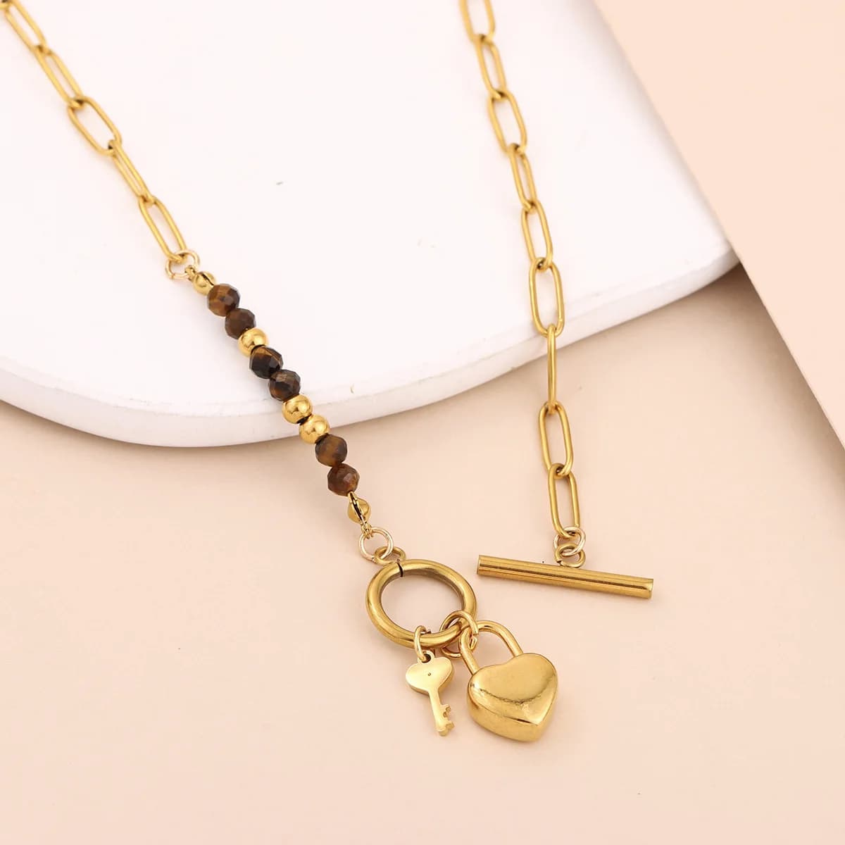 Gold Plated Heart Lock Key Pendant Necklace Stainless Steel Asymmetric Tiger Eye Stone Bead Toggle Clasp Choker